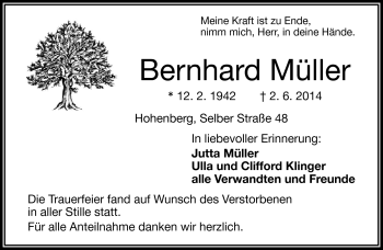 Traueranzeige von Bernhard Müller von Frankenpost