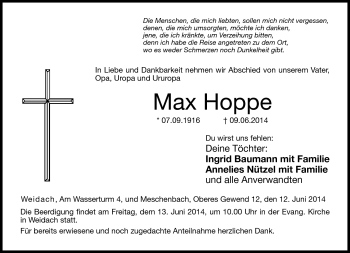 Traueranzeige von Max Hoppe von Neue Presse Coburg