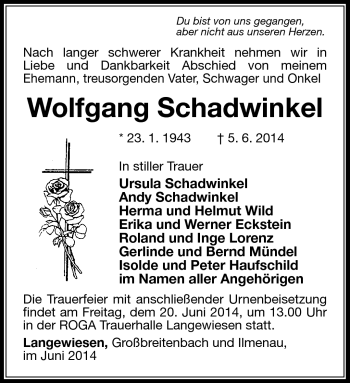 Traueranzeige von Wolfgang Schadwinkel von Südthüringer Presse