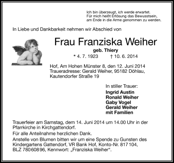 Traueranzeige von Franziska Weiher von Frankenpost