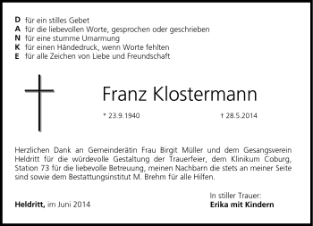 Traueranzeige von Franz Klostermann von Neue Presse Coburg