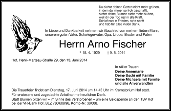 Traueranzeige von Arno Fischer von Frankenpost