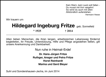 Traueranzeige von Hildegard Ingeburg Fritze von Südthüringer Presse