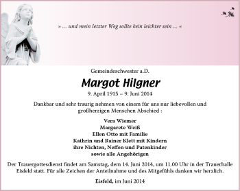 Traueranzeige von Margot Hilgner von Südthüringer Presse