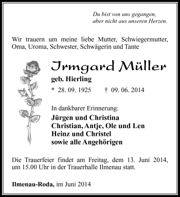 Traueranzeige von Irmgard Müller von Südthüringer Presse