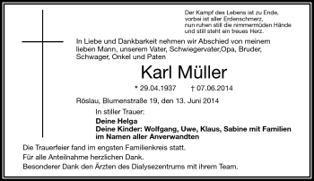 Traueranzeige von Karl Müller von Frankenpost