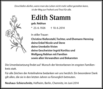 Traueranzeige von Edith Stamm von Südthüringer Presse