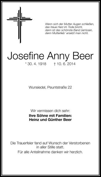 Traueranzeige von Josefine Anny Beer von Frankenpost