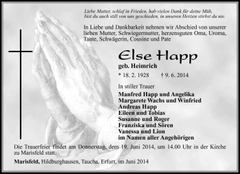 Traueranzeige von Else Happ von Südthüringer Presse