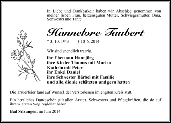 Traueranzeige von Hannelore Taubert von Südthüringer Presse