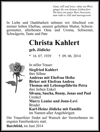 Traueranzeige von Christa Kahlert von Südthüringer Presse