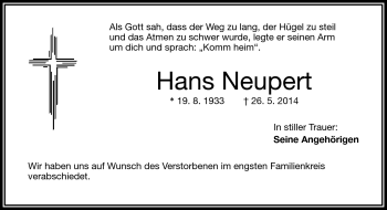 Traueranzeige von Hans Neupert von Frankenpost