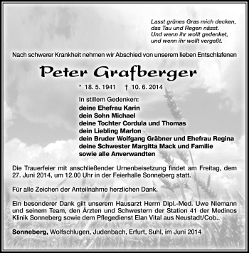 Traueranzeige von Peter Grafberger von Südthüringer Presse
