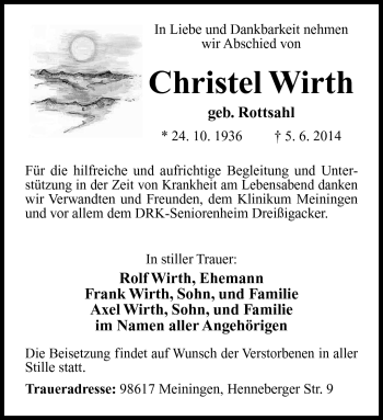 Traueranzeige von Christel Wirth von Südthüringer Presse