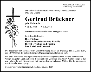 Traueranzeige von Gertrud Brückner von Südthüringer Presse