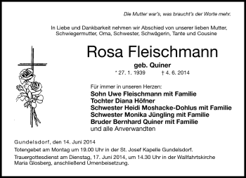 Traueranzeige von Rosa Fleischmann von Neue Presse Coburg