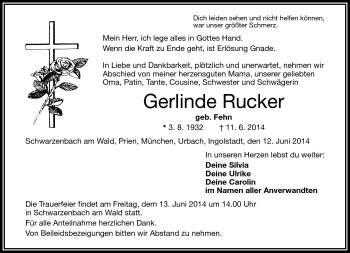 Traueranzeige von Gerlinde Rucker von Frankenpost