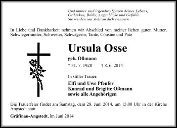 Traueranzeige von Ursula Osse von Südthüringer Presse