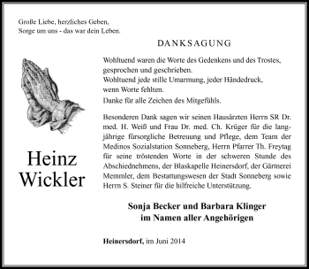 Traueranzeige von Heinz Wickler von Südthüringer Presse