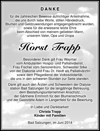 Traueranzeige von Horst Trapp von Südthüringer Presse