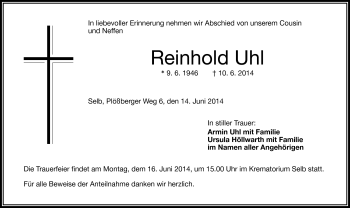 Traueranzeige von Reinhold Uhl von Frankenpost