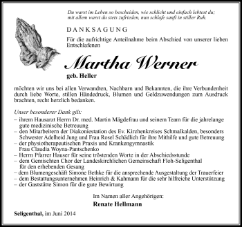 Traueranzeige von Martha Werner von Südthüringer Presse
