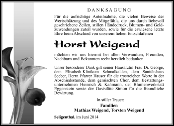 Traueranzeige von Horst Weigend von Südthüringer Presse