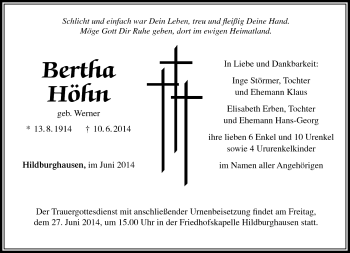 Traueranzeige von Bertha Höhn von Südthüringer Presse