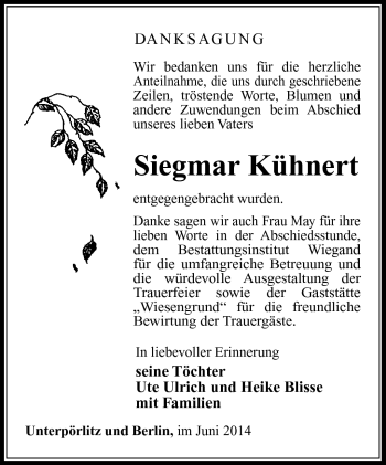 Traueranzeige von Siegmar Kühnert von Südthüringer Presse