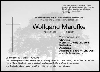 Traueranzeige von Wolfgang Marufke von Neue Presse Coburg