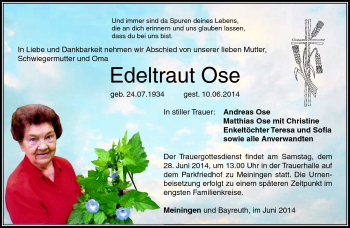 Traueranzeige von Edeltraut Ose von Südthüringer Presse