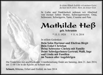 Traueranzeige von Mathilde Heß von Südthüringer Presse