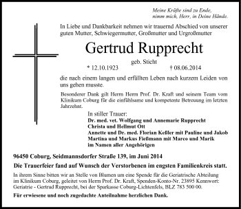 Traueranzeige von Gertrud Rupprecht von Neue Presse Coburg