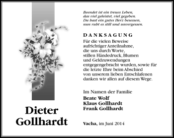 Traueranzeige von Dieter Gollhardt von Südthüringer Presse