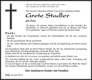 Traueranzeige von Grete Stadler von Südthüringer Presse