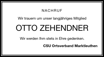 Traueranzeige von Otto Zehendner von Frankenpost