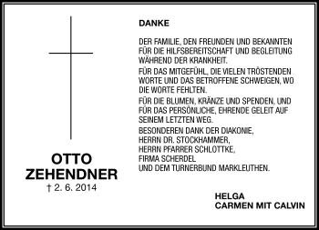 Traueranzeige von Otto Zehendner von Frankenpost