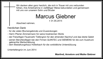 Traueranzeige von Marcus Giebner von Frankenpost