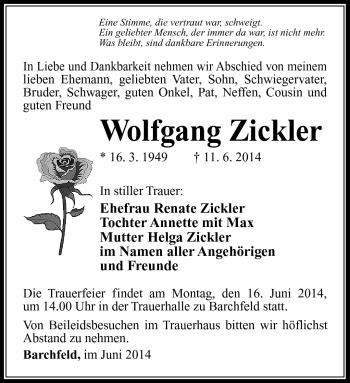 Traueranzeige von Wolfgang Zickler von Südthüringer Presse