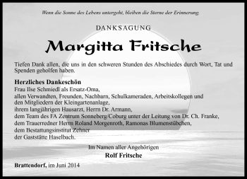 Traueranzeige von Margitta Fritsche von Südthüringer Presse
