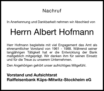 Traueranzeige von Albert Hofmann von Neue Presse Coburg