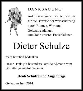 Traueranzeige von Dieter Schulze von Südthüringer Presse