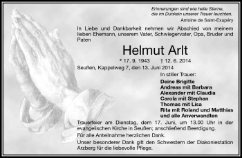 Traueranzeige von Helmut Arlt von Frankenpost