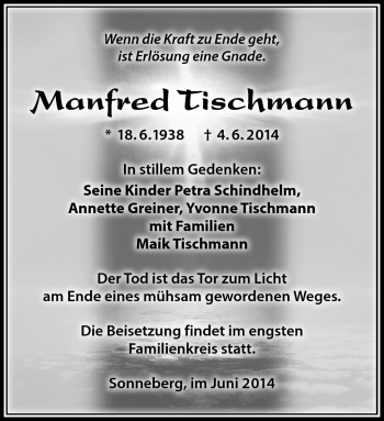 Traueranzeige von Manfred Tischmann von Südthüringer Presse