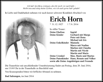 Traueranzeige von Horn Erich von Südthüringer Presse
