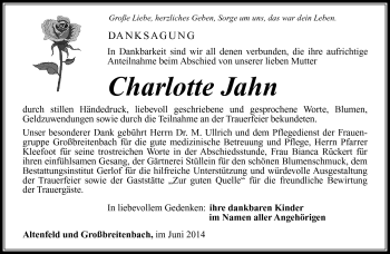 Traueranzeige von Charlotte Jahn von Südthüringer Presse