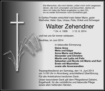 Traueranzeige von Walter Zehendner von Frankenpost