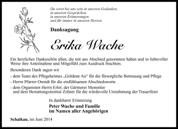 Traueranzeige von Erika Wache von Südthüringer Presse