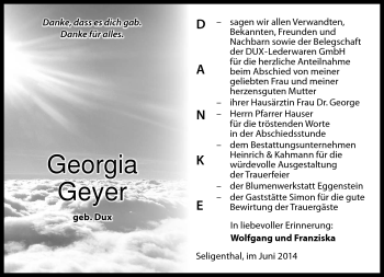 Traueranzeige von Gerorgia Geyer von Südthüringer Presse