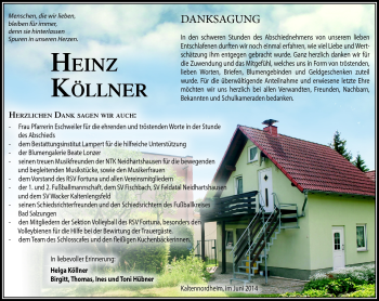 Traueranzeige von Heinz Köllner von Südthüringer Presse